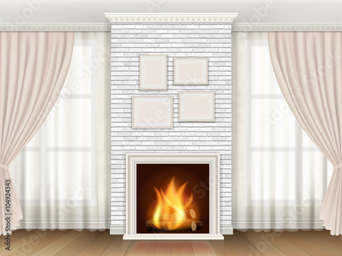 Classic interior with white brick fireplace  and windows curtains. Realistic vector illustration.