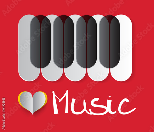 Love Music Vector Illustration with Piano Keyboard and Paper Heart on Red Background