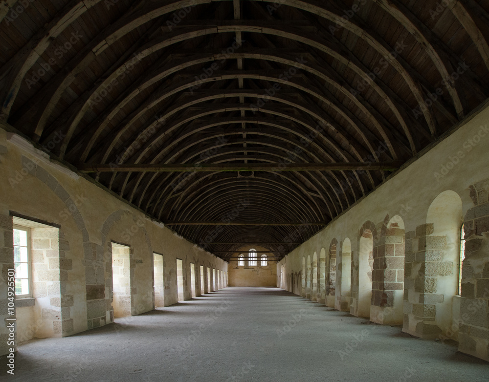Interior of famous Cistercian Abbey of Fontenay, a UNESCO World Heritage Site since 1981, in the commune of Marmagne, Burgundy, France