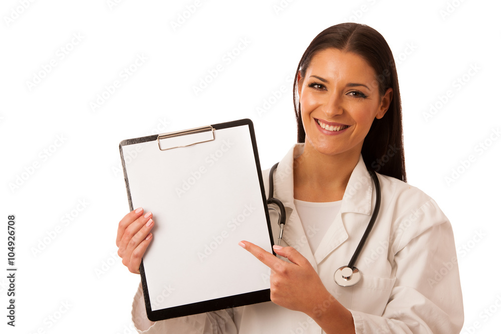 Woman doctor with stethoscope around neck showing clipboard with Woman doctor with stethoscope around neck showing clipboard with