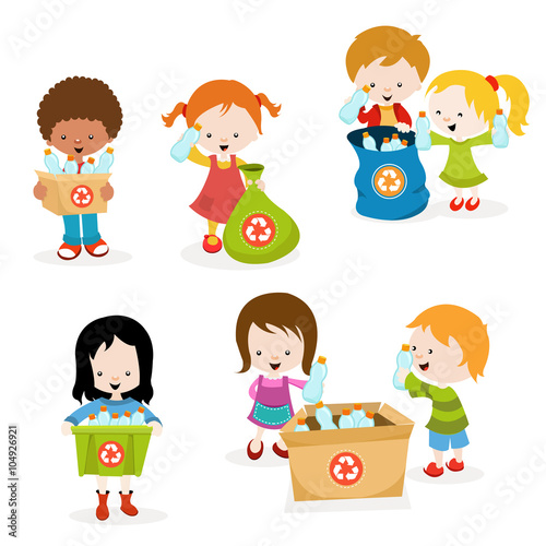 Kids Collecting Plastic Bottles For Recycle