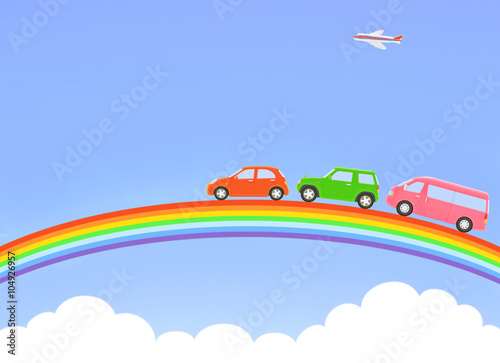 rainbow and three cars　