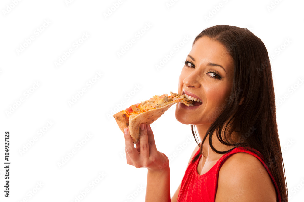 Woman eating tasty piece of pizza. Unhealthy fast food meal. Woman eating tasty piece of pizza. Unhealthy fast food meal.