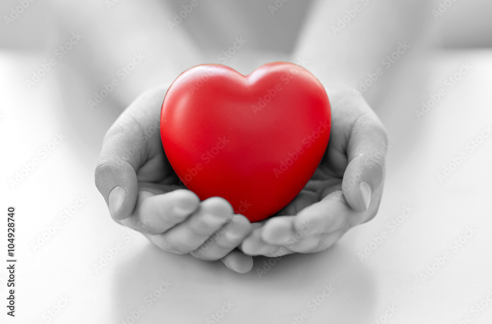 close up of child hands holding red heart - obrazy, fototapety, plakaty 