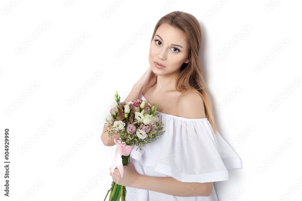 Young cute woman holding Bouquet of flowers