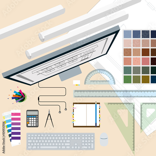 Top view of  interior designer white desk with tool and elements