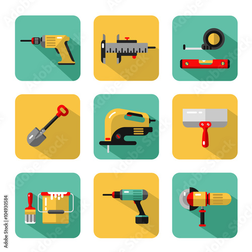 Vector icons set of construction tools: drill, spatula, shovel, electric jig saw, angle grinder, screwdriver, paint bucket, brush, tape line, scale. Vector flat style illustration with shadow.