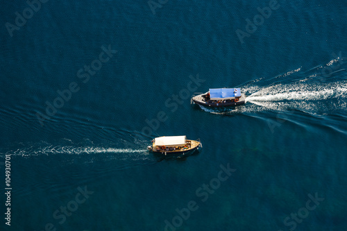 View from the top down by two passenger ship passing by