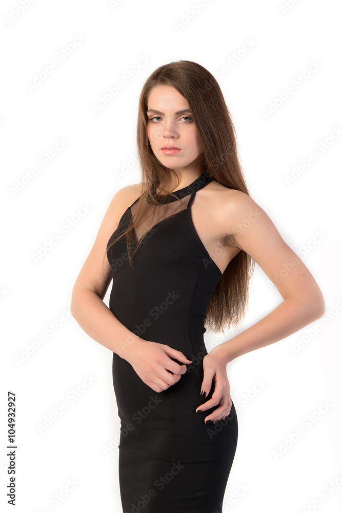 woman in a black evening dress isolated on white backgroun woman in a black evening dress isolated on white backgroun