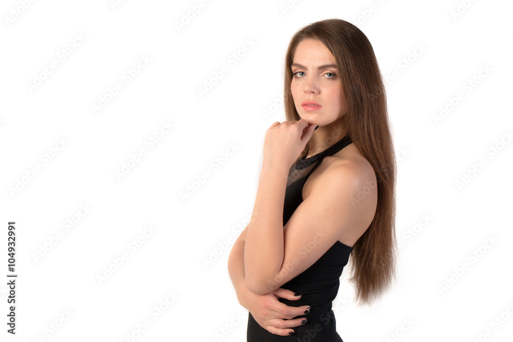 woman in a black evening dress isolated on white backgroun