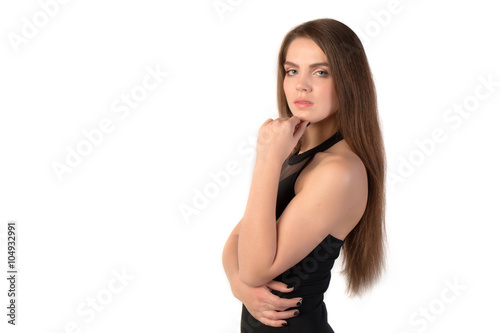 woman in a black evening dress isolated on white backgroun