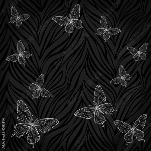 Beautiful seamless background. butterflies on animal zebra abstract print.