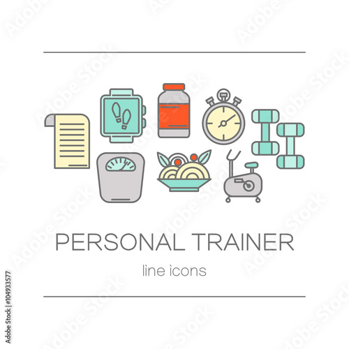 Set of modern flat line icons sports equipment, gym training