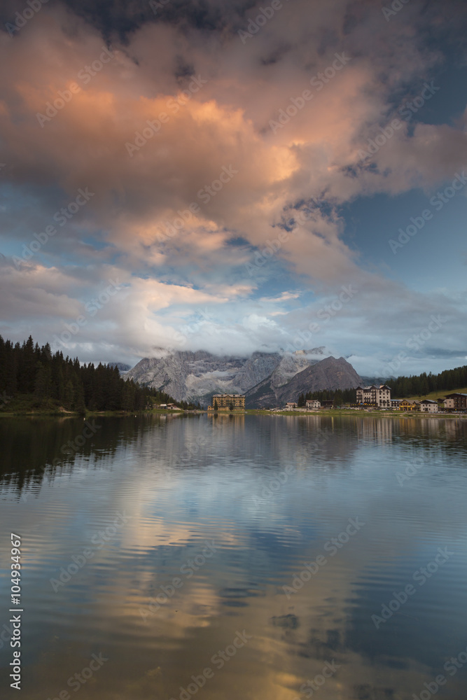 Sunset in Dolomite Mountains. Misurina Lake landscape