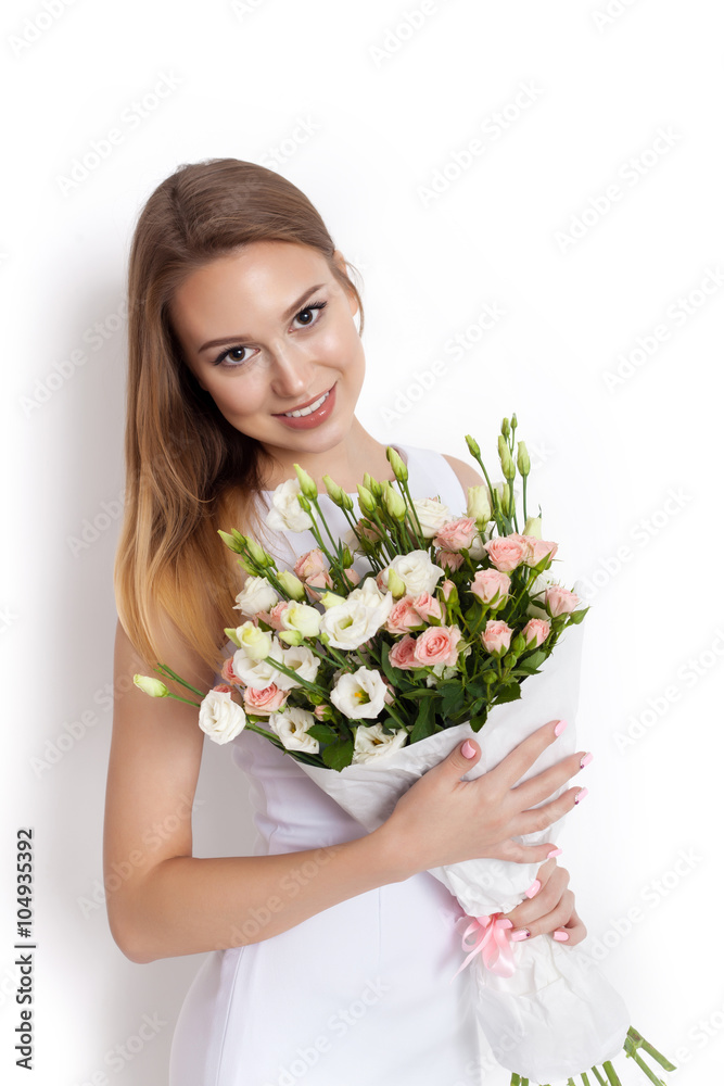 Young cute woman holding Bouquet of flowers