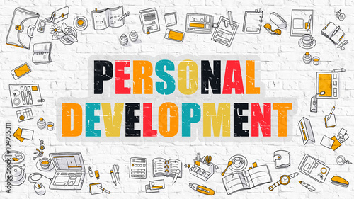 Personal Development - Multicolor Concept with Doodle Icons Around on White Brick Wall Background. Modern Illustration with Elements of Doodle Design Style. photo