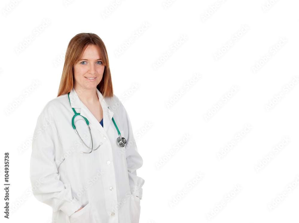 Blond doctor woman thinking Blond doctor woman thinking