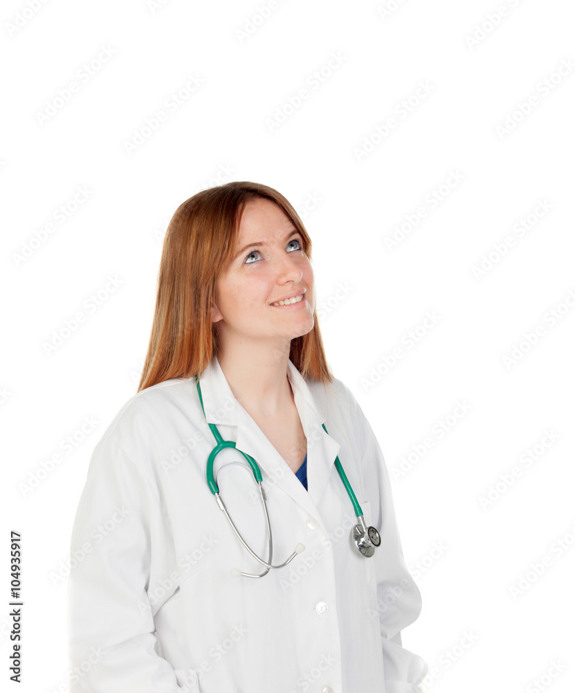 Blond doctor woman thinking Blond doctor woman thinking
