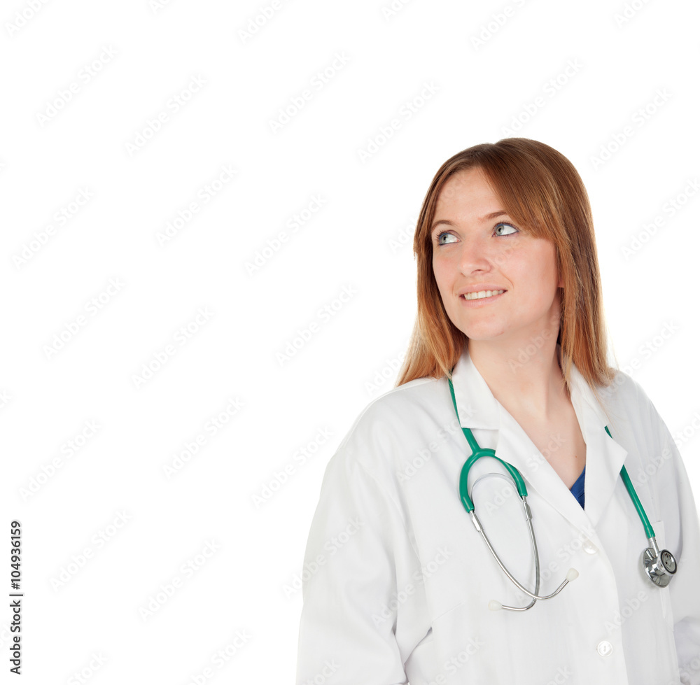 Blond doctor woman thinking Blond doctor woman thinking