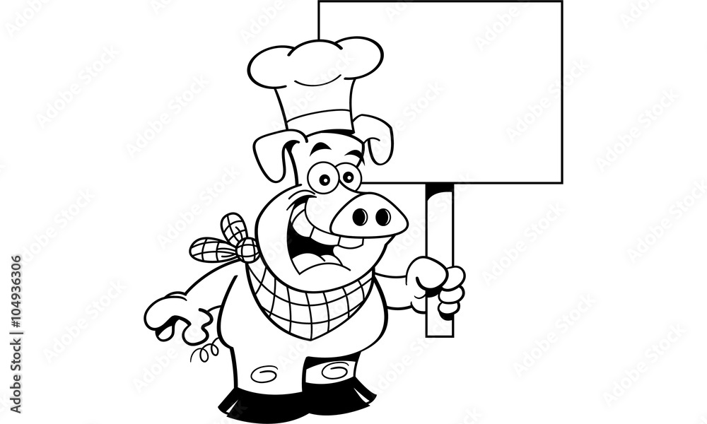 Black and white illustration of a pig wearing a chef's hat and holding a sign. Black and white illustration of a pig wearing a chef's hat and holding a sign.