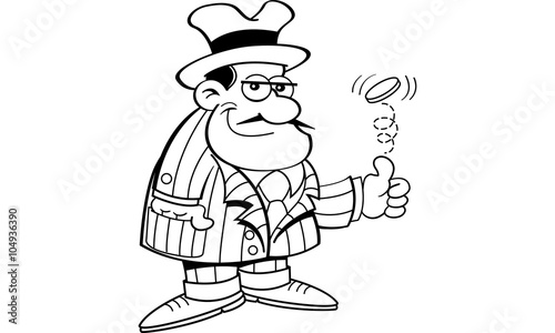 Black and white illustration of a gangster flipping a coin.