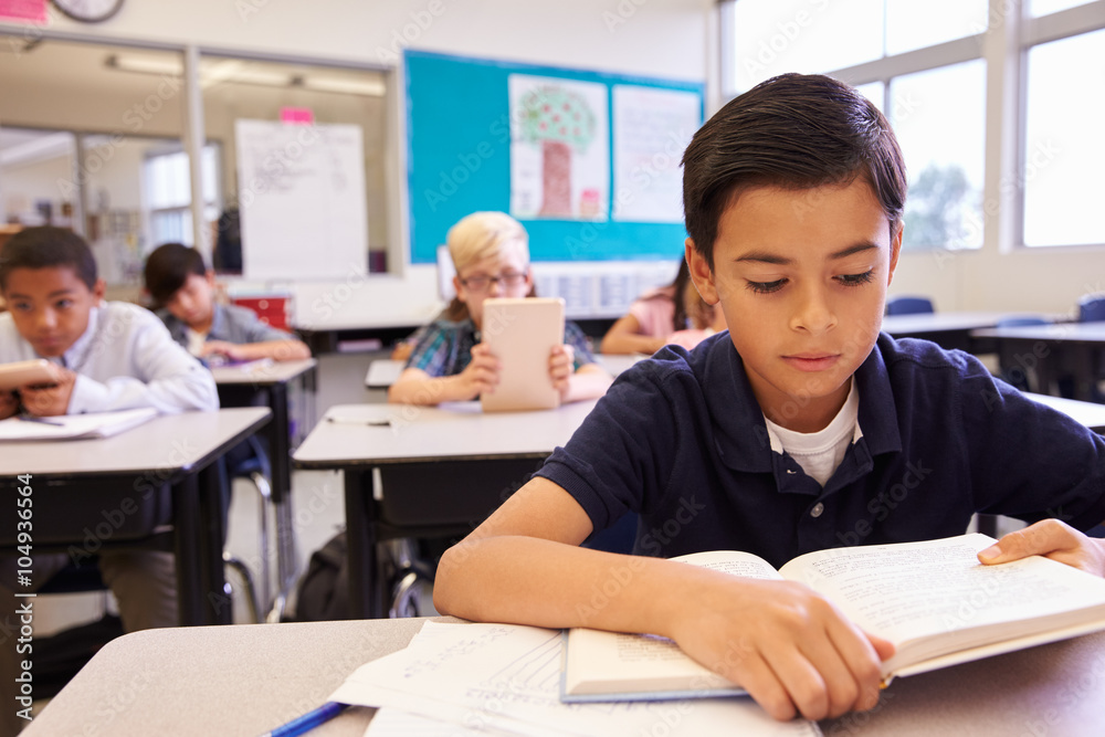 Schoolboy reading at his desk in an elementary school class Schoolboy reading at his desk in an elementary school class