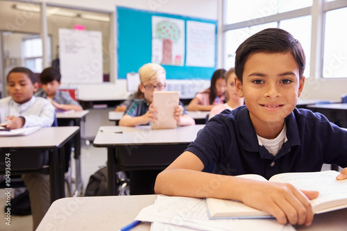 Schoolboy at desk in an elementary school looking to camera