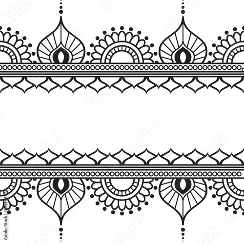 Mehndi Henna line lace element with circles and waves pattern card for tattoo on white background