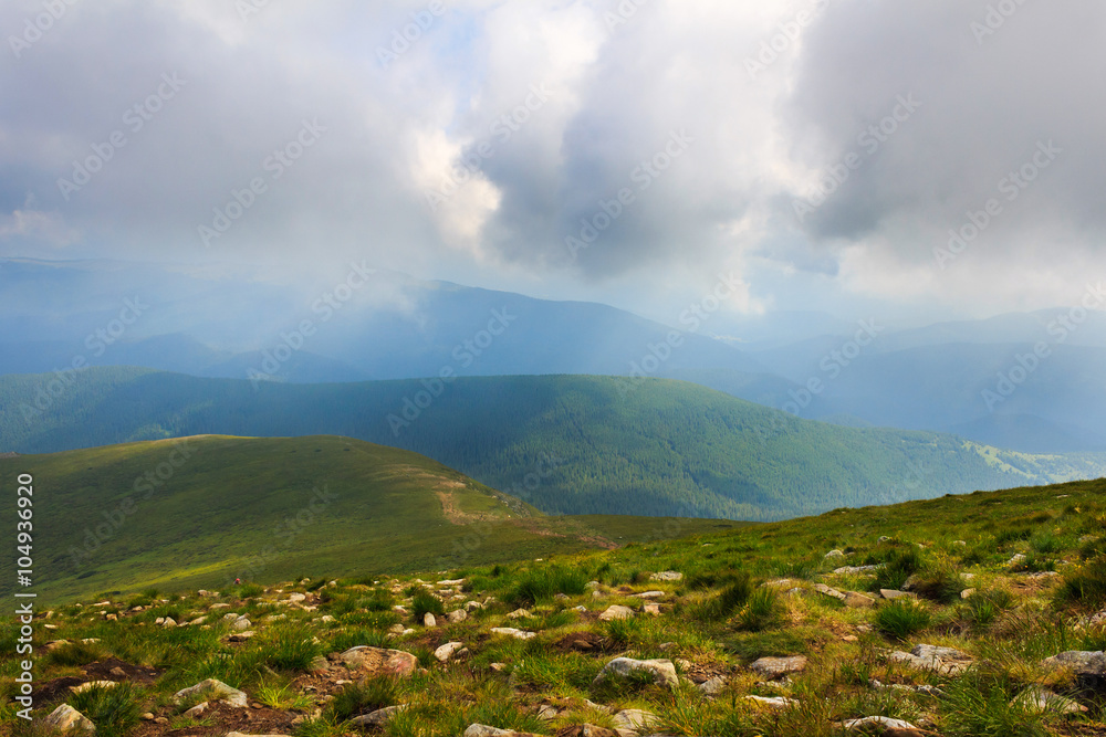 Summer landscape in Carpathian mountains, view from above. Ukraine