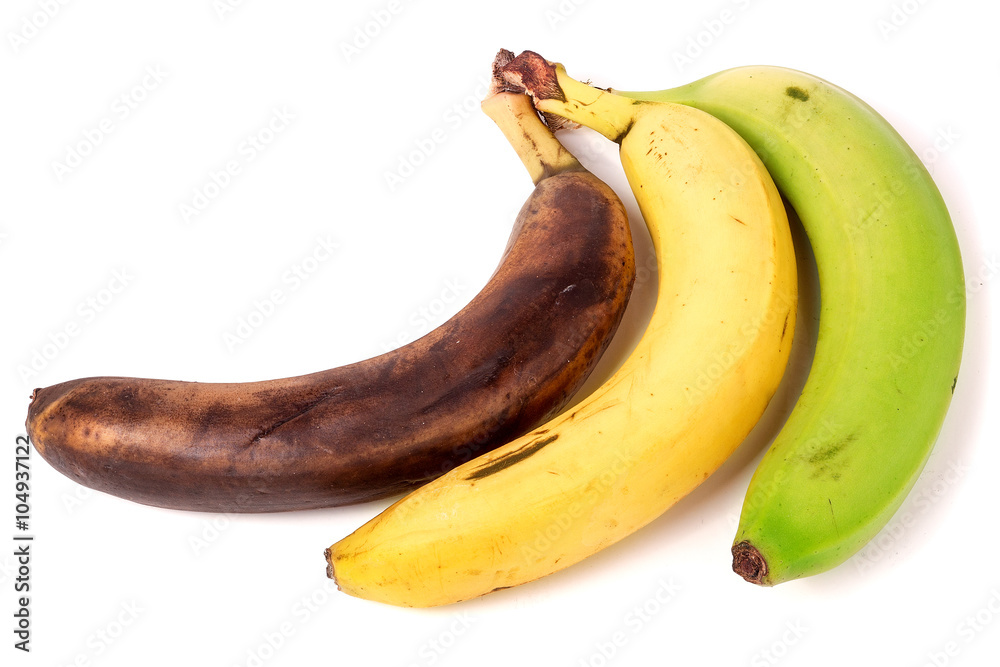 ripe, overripe, green bananas on white background