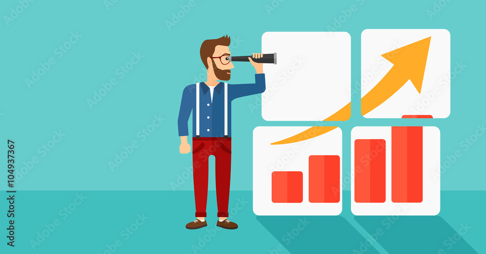 Man looking at positive bar chart. Man looking at positive bar chart.