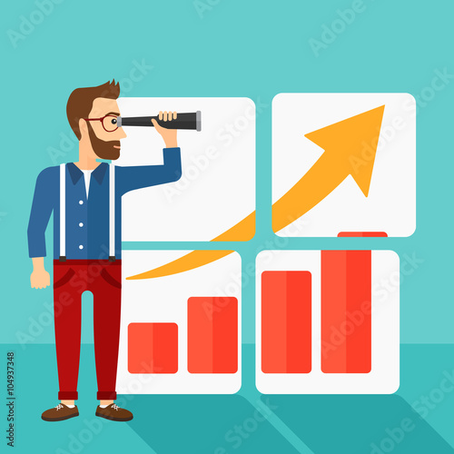 Man looking at positive bar chart.