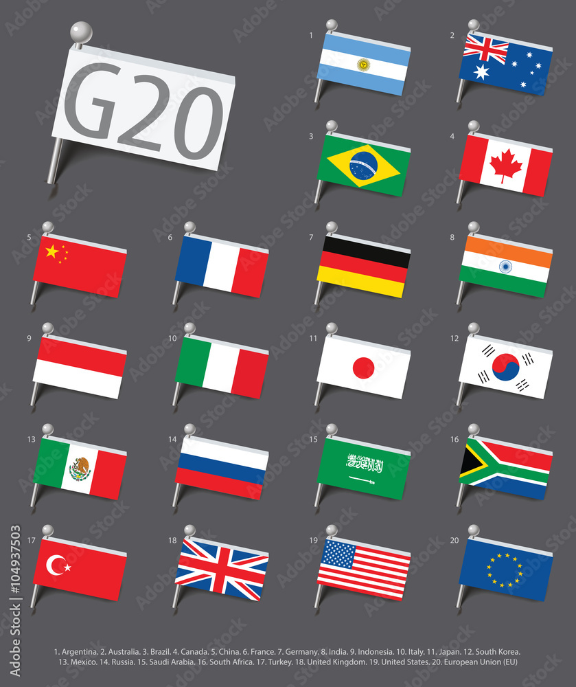 Set of flags of the countries - members of The Group of Twenty