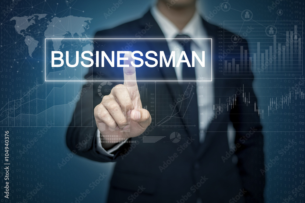 Businessman hand touching BUSINESSMAN button on virtual screen Businessman hand touching BUSINESSMAN button on virtual screen