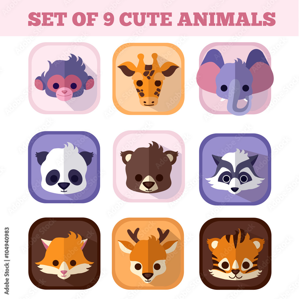 Set of nine cute animals flat icons. Monkey with Giraffe Elephant Panda Bear and Raccoon Fox Deer Tiger pretty baby mammals