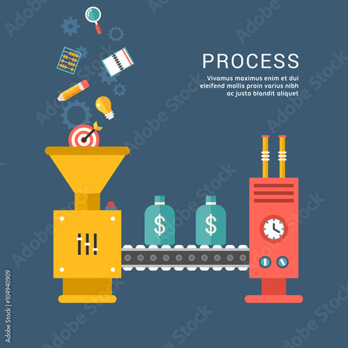 Conveyor System with Business Icons. Making Money. Cpnceptual Illustration.  Flat Style Vector Illustration