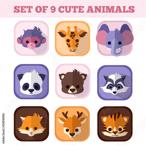 Set of nine cute animals flat icons. Monkey with Giraffe Elephant Panda Bear and Raccoon Fox Deer Tiger pretty baby mammals