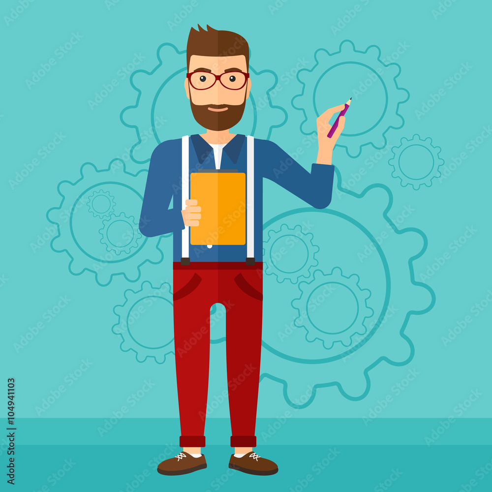 Man standing on gears background. Man standing on gears background.