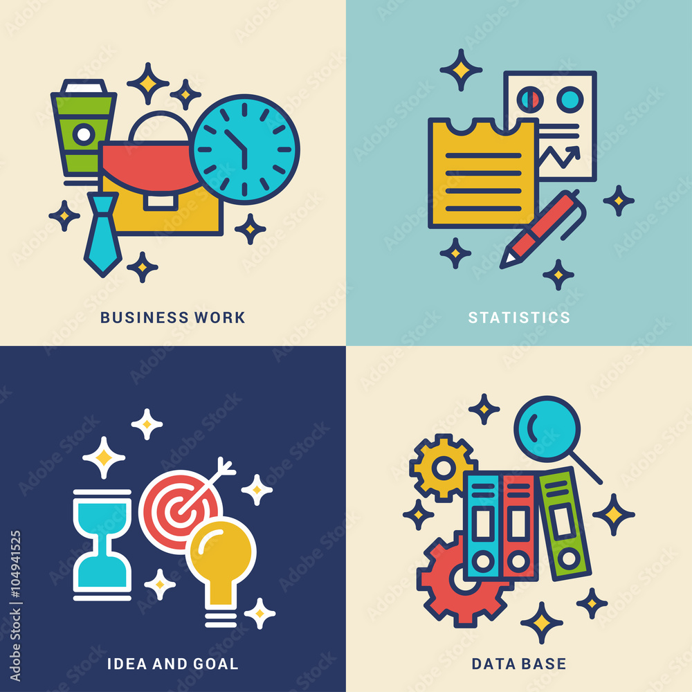 Set of Line Art Vector Business Concept Illustrations. Business Work, Statistics, Idea and Goal, Data Base