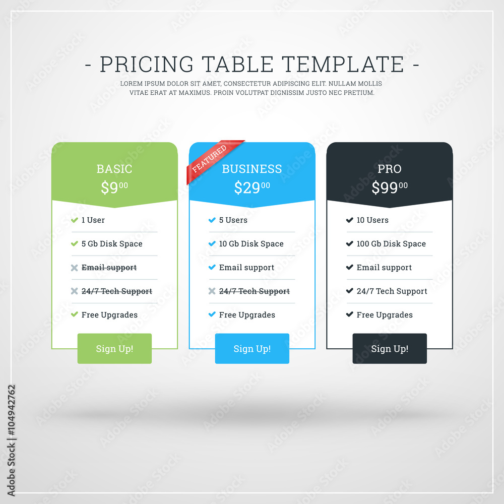 Vector Design Template for Pricing Table for Websites and Applications. Flat Design Vector Illustration Vector Design Template for Pricing Table for Websites and Applications. Flat Design Vector Illustration