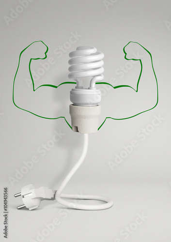 Energy concept, eco lamp with wiring and hands on grey