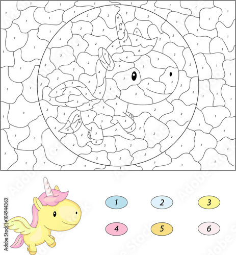 Cartoon unicorn. Color by number educational game for kids