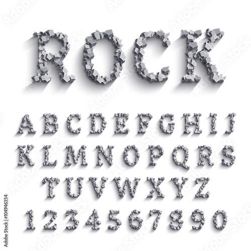 Vector realisitc font made of rocks with shadows.