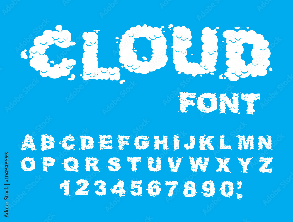 Cloud font. ABCs of white clouds in blue sky. Cloud letters and Cloud font. ABCs of white clouds in blue sky. Cloud letters and