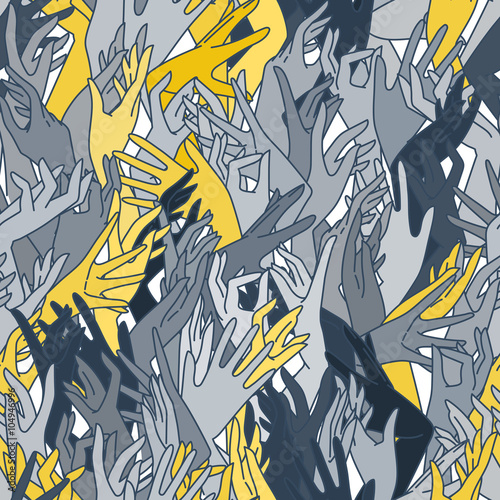 Vector seamless pattern of graceful female hands bound in yellow and blue colors