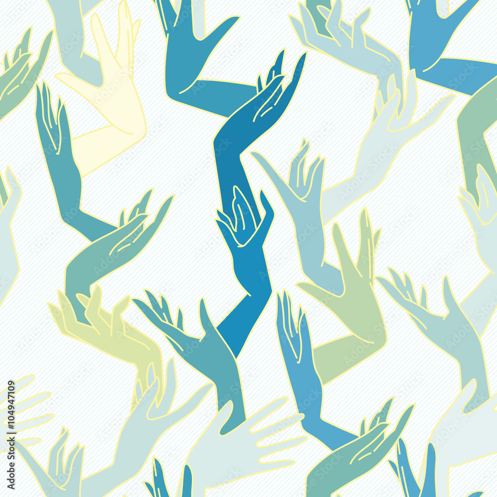 Vector seamless pattern of graceful female hands intertwined yellow green and blue colors