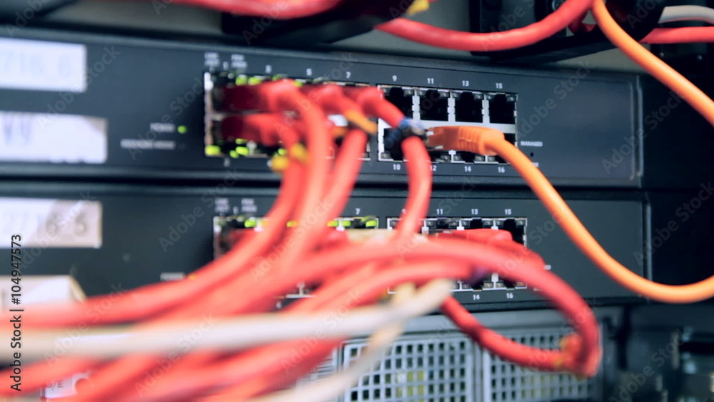 IT technician insert network cable into switch