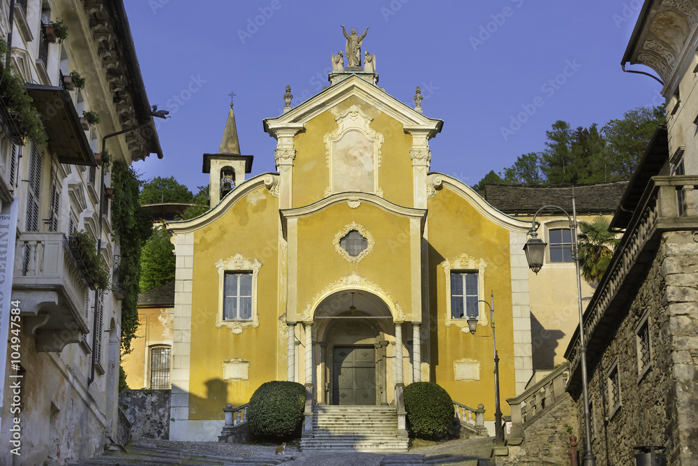 Fototapeta premium Lake Orta, Santa Maria Assunta church Piedmont, Italy