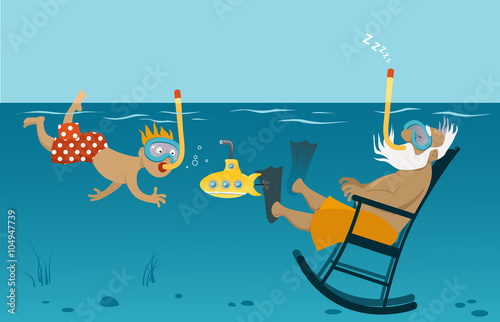 Little boy snorkeling while his grandfather napping in a rocking chair underwater, EPS 8 vector illustration