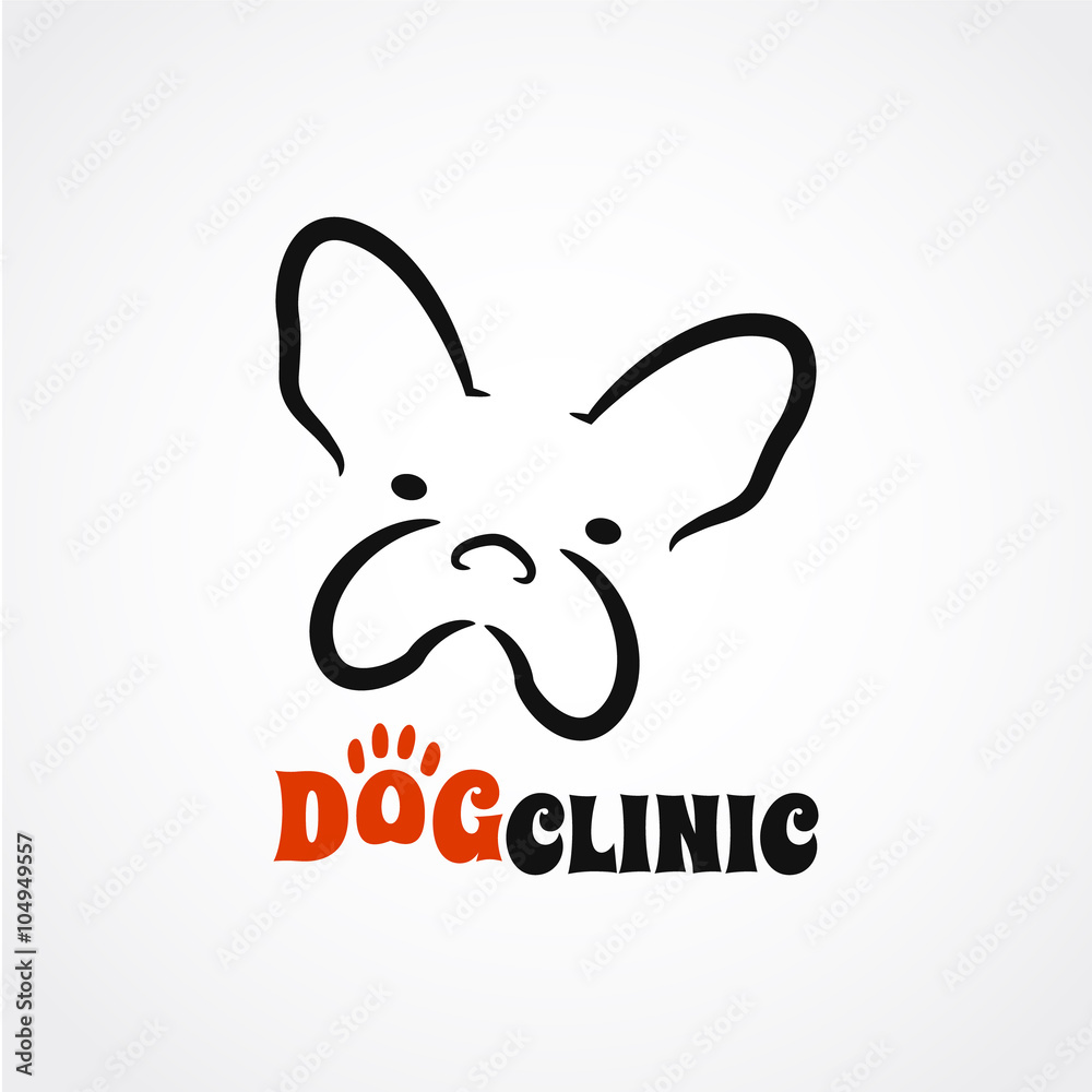 Fototapeta premium Abstract dog vet clinic logotype with funny dog head. Dog logo in silhouette line style. Dog stock vector illustration.